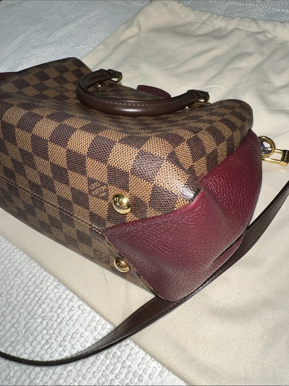 Louis Vuitton Damier Ebene Satchel with Dark Brown and Burgundy Trim